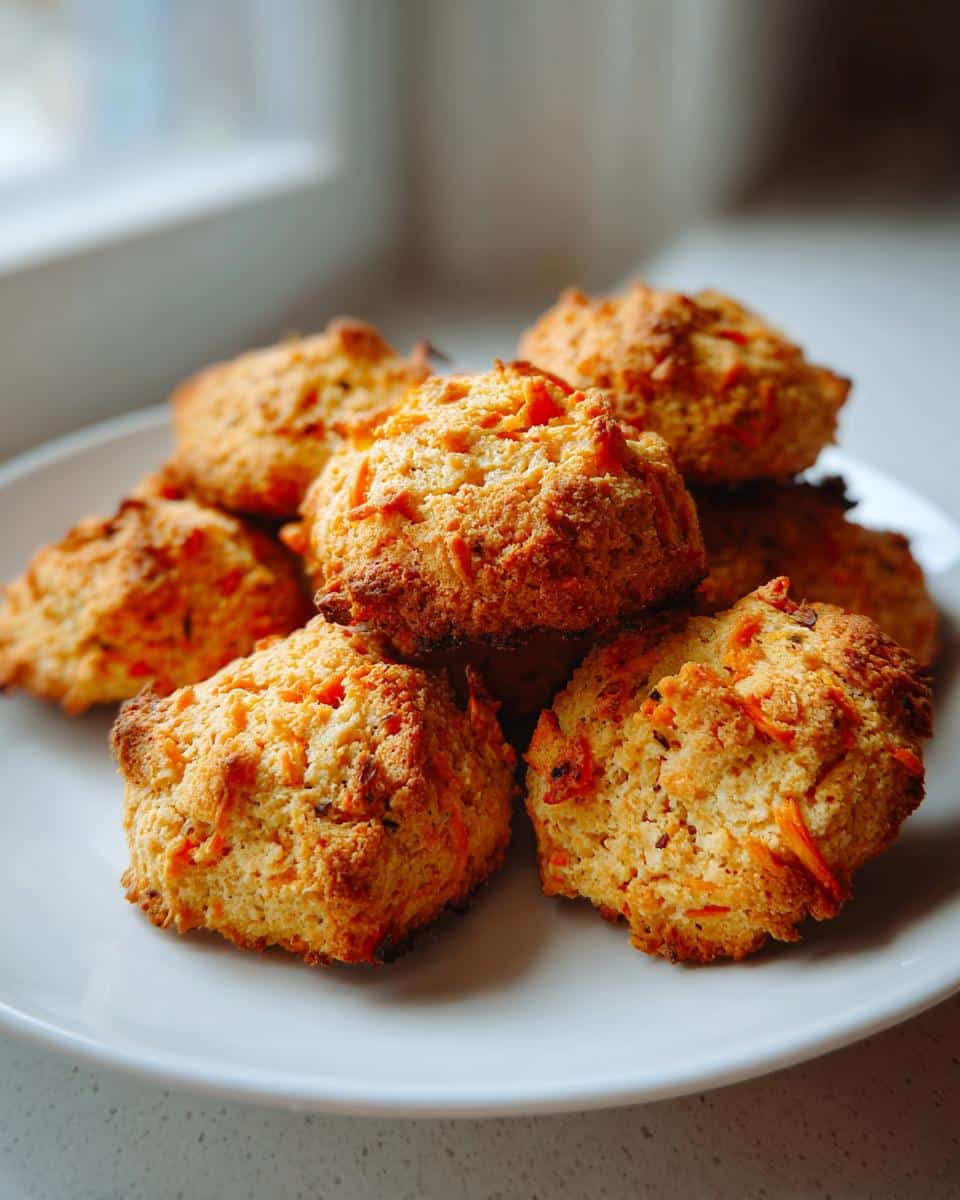 A stack of golden brown chicken and carrot cookies with visible shredded carrots on a white plate.
