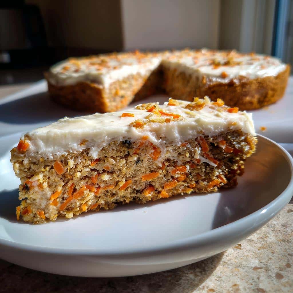 A slice of the Chicken and Carrot Savory Dog Cake with thick white frosting and carrot shreds on top.