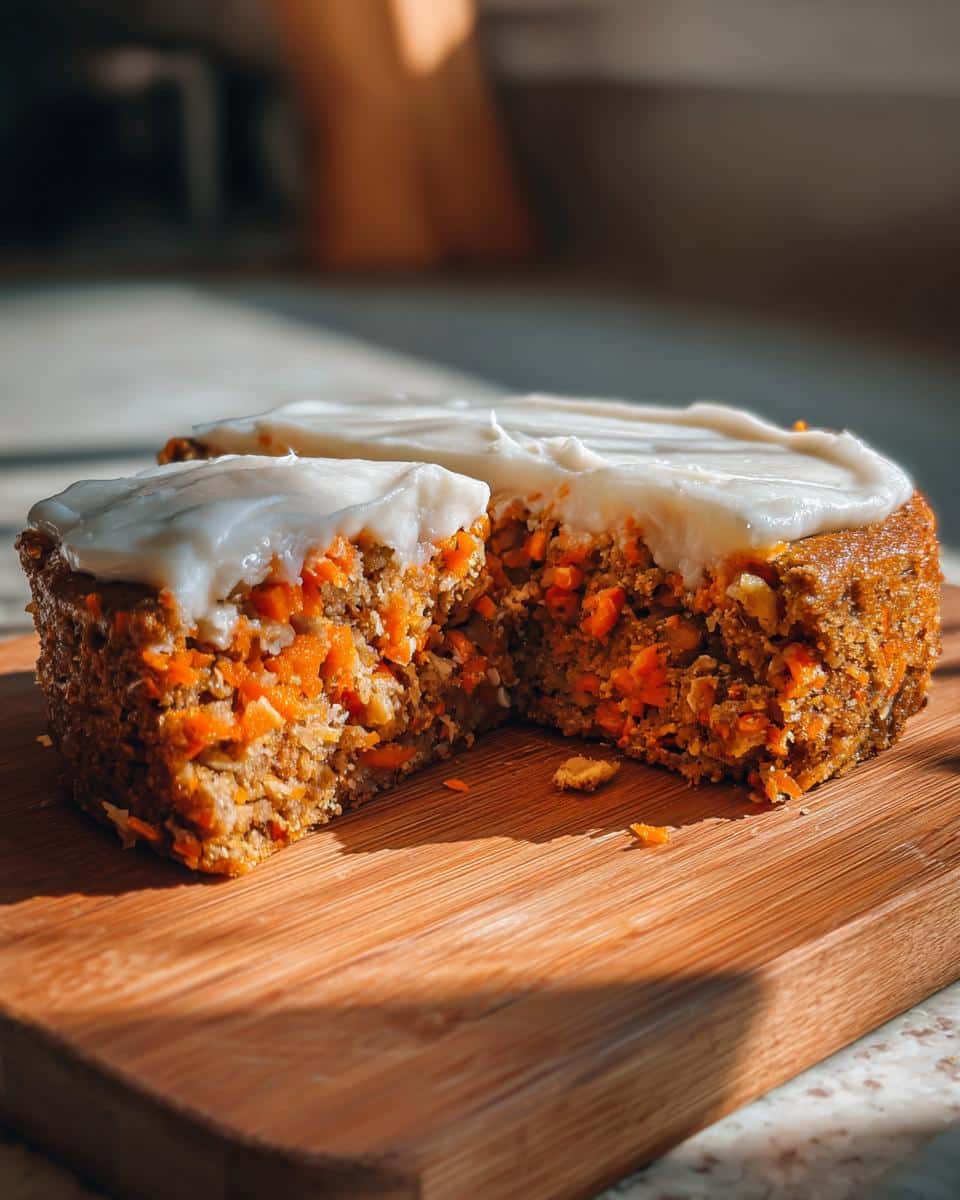 A slice cut from the Chicken and Carrot Savory Dog Cake, showing dense texture and visible carrots, topped with white frosting.
