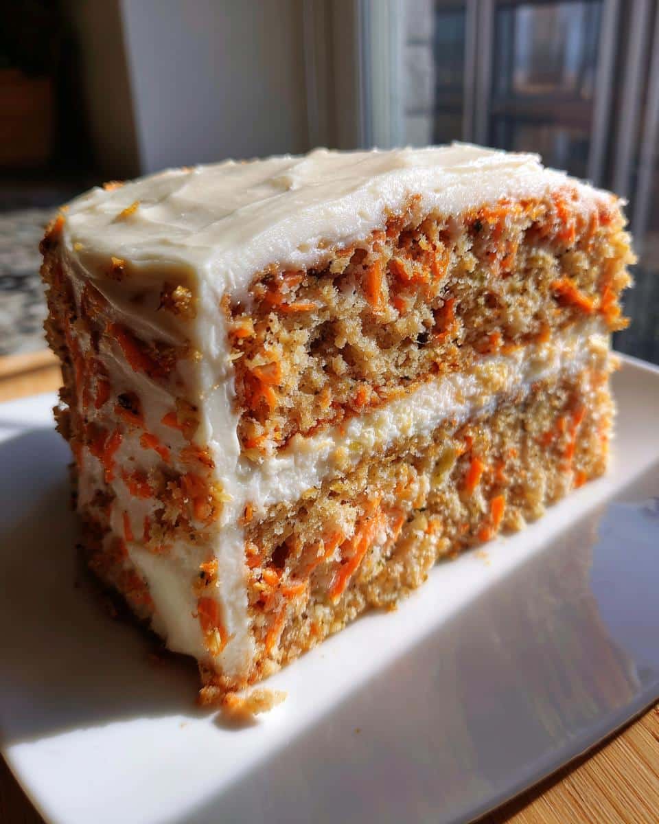A thick slice of Chicken and Carrot Savory Dog Cake showing two layers of cake packed with shredded carrots and white frosting.