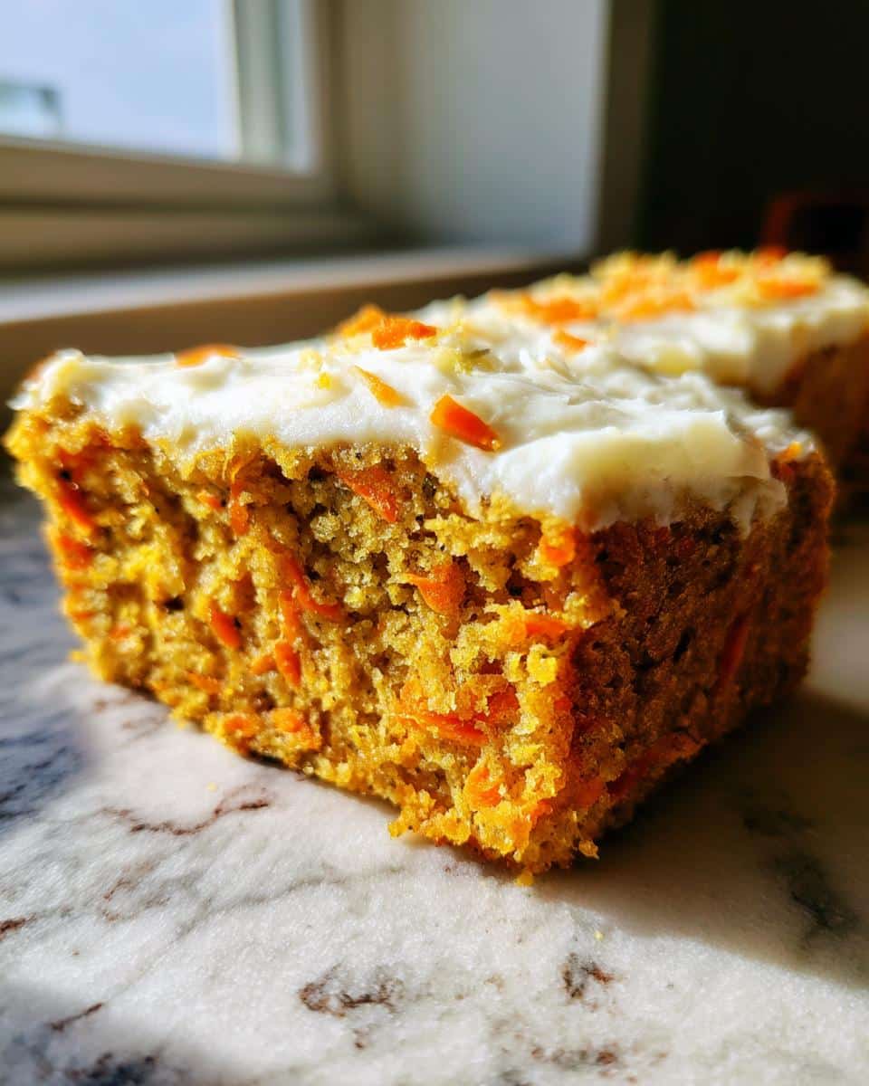Close-up of a slice of Chicken and Carrot Savory Dog Cake with white frosting and carrot shreds.