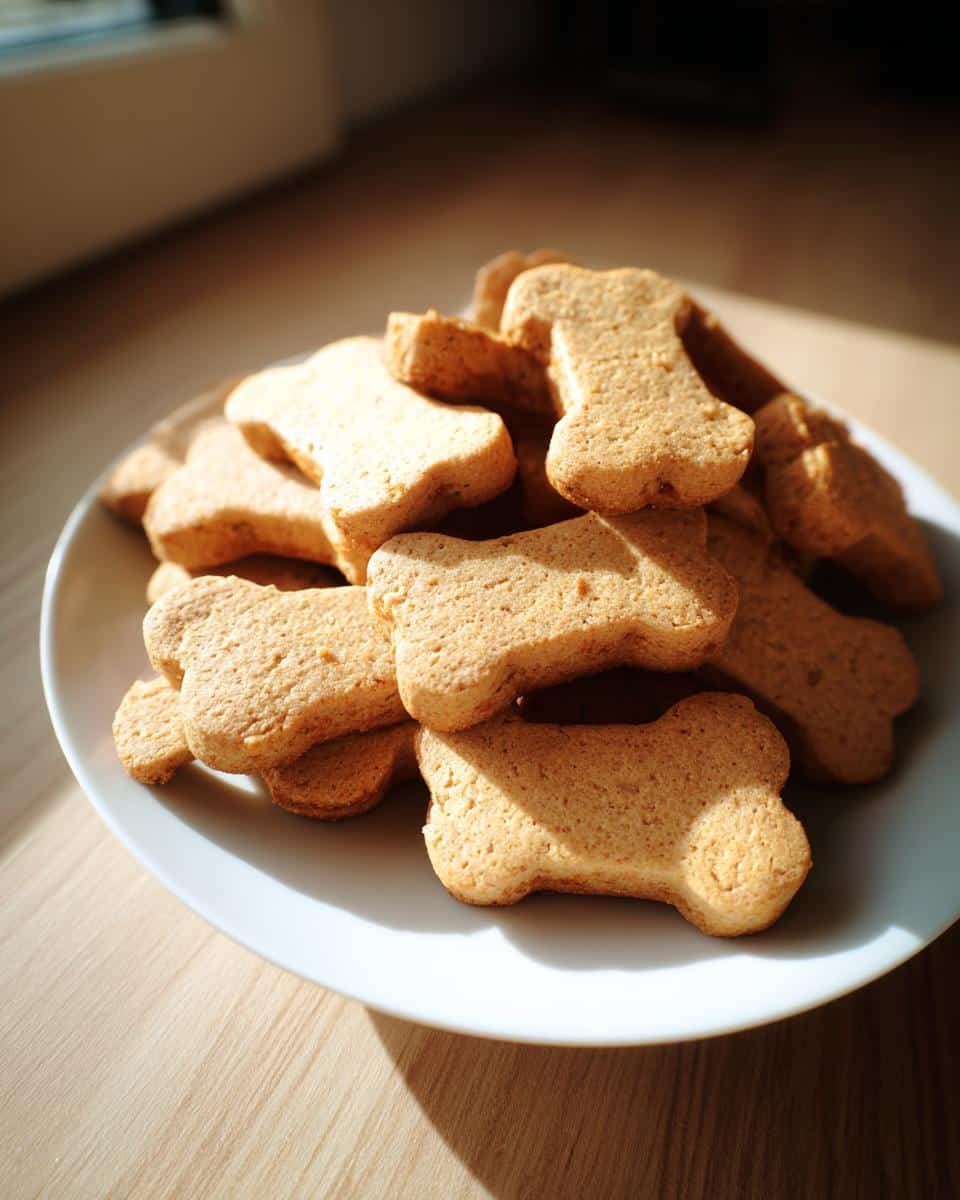 A pile of golden-brown, bone-shaped chicken broth dog biscuit treats stacked on a white plate.