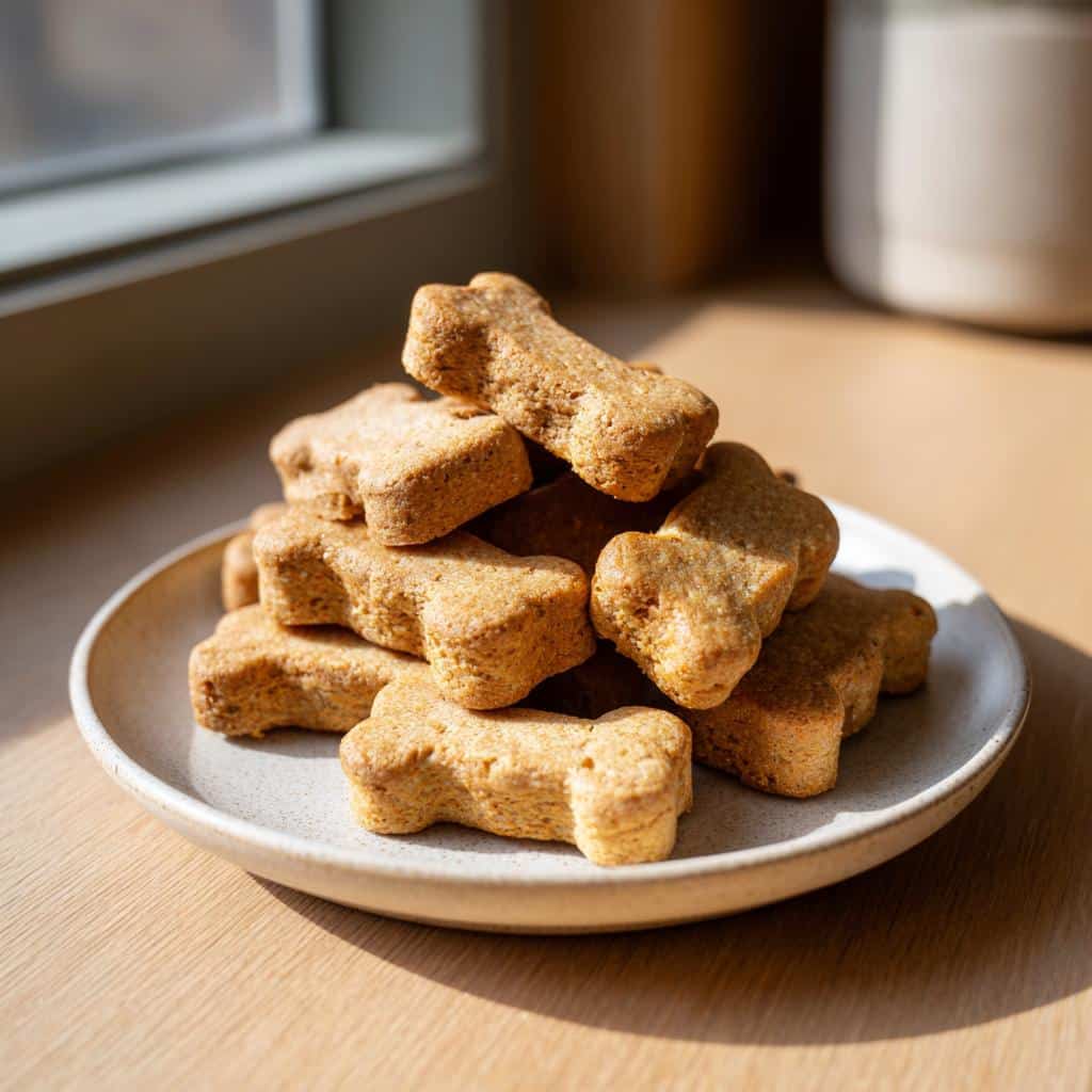A stack of freshly baked, bone-shaped chicken broth dog biscuit treats on a small speckled plate.