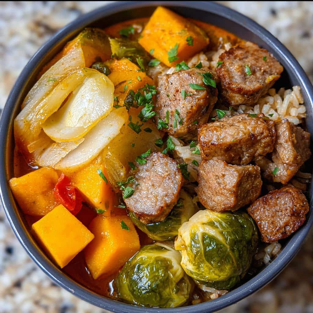 Close-up of a bowl containing the Chicken Brown Rice Daily Dog Bowl recipe with chunks of cooked meat, brown rice, squash, and Brussels sprouts.