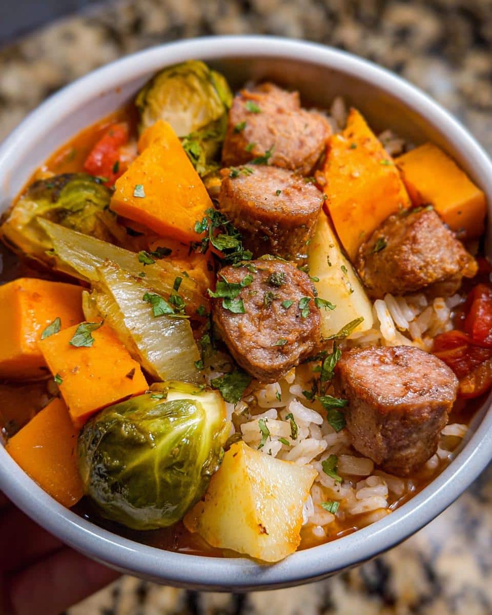 Close-up of a bowl filled with Chicken Brown Rice Daily Dog Bowl ingredients, featuring brown rice, sausage pieces, sweet potato, and Brussels sprouts.