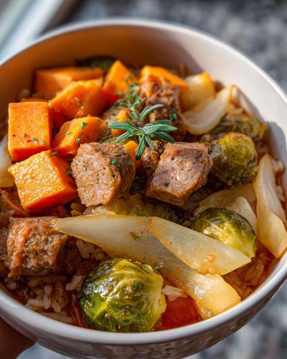 Close-up of a Chicken Brown Rice Daily Dog Bowl topped with chunks of chicken, sweet potato, Brussels sprouts, and herbs.