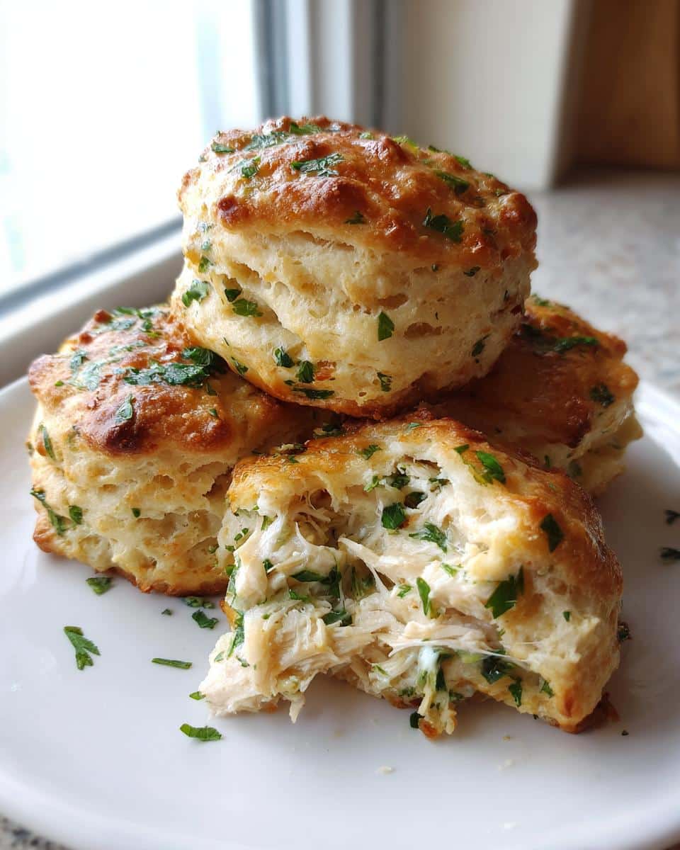 A stack of golden-brown Chicken & Parsley Biscuits, one broken open to show shredded chicken filling.