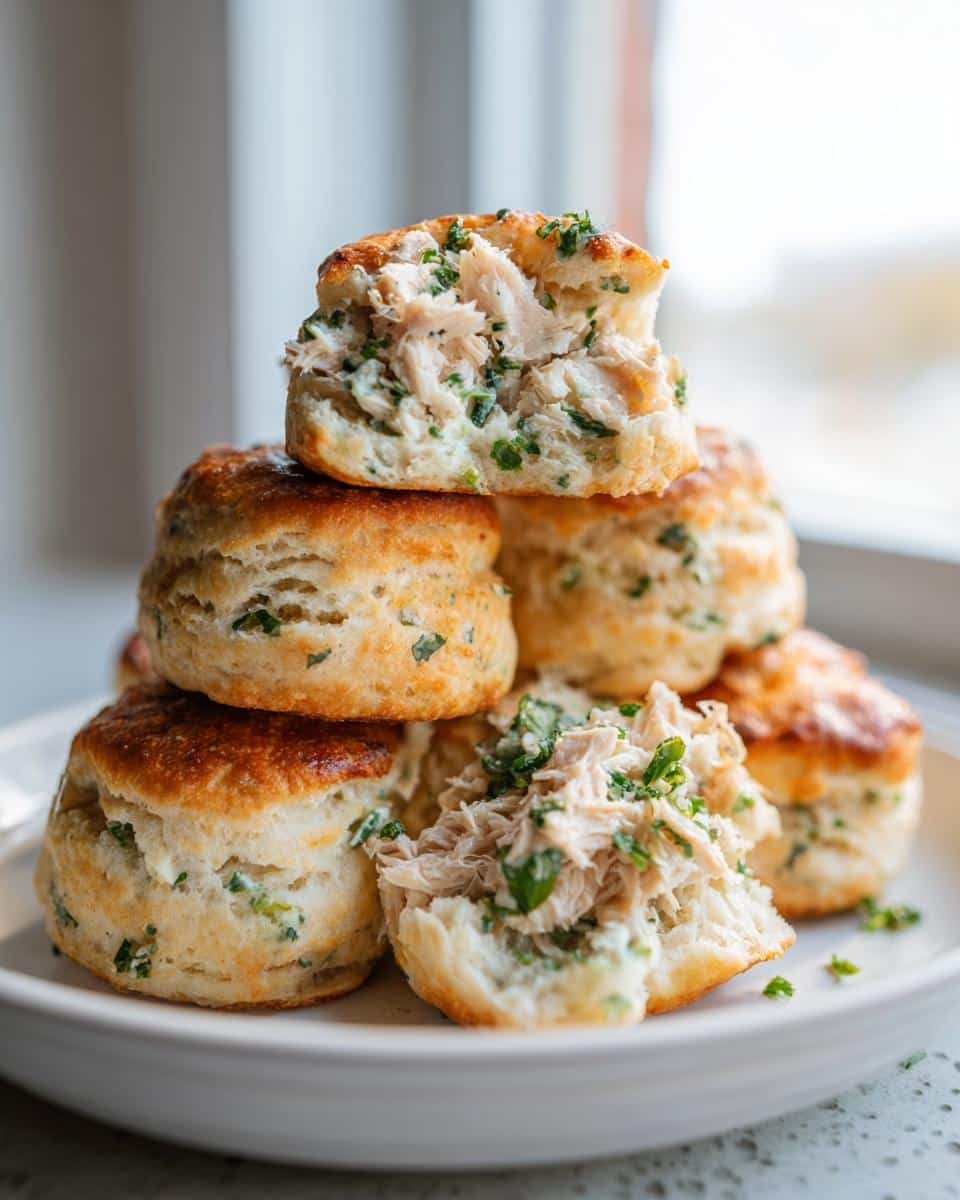 A stack of golden-brown Chicken & Parsley Biscuits, with one biscuit split open revealing shredded chicken and green parsley filling.