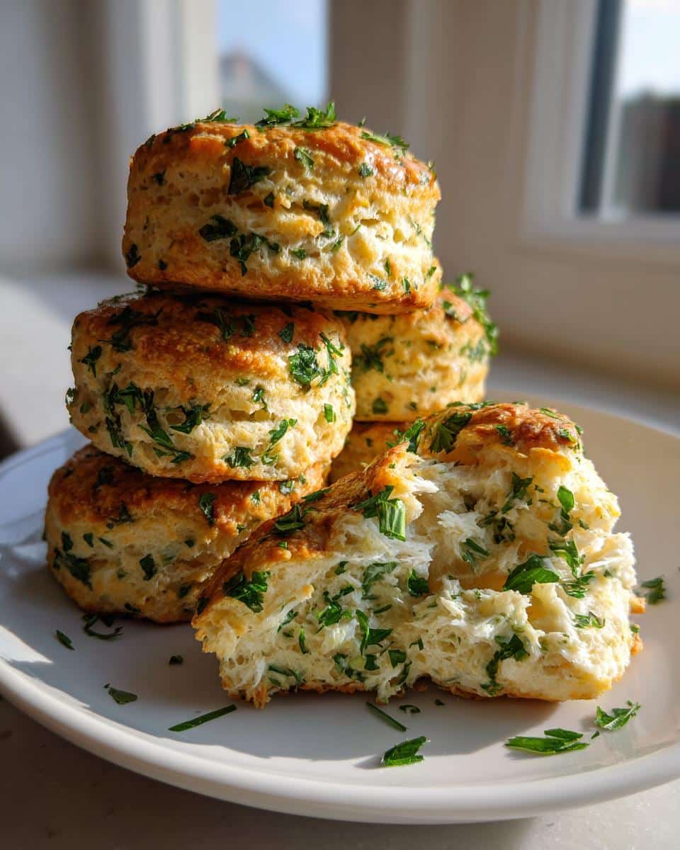 A stack of golden brown Chicken & Parsley Biscuits, with one biscuit broken open to show the fluffy, herb-filled interior.