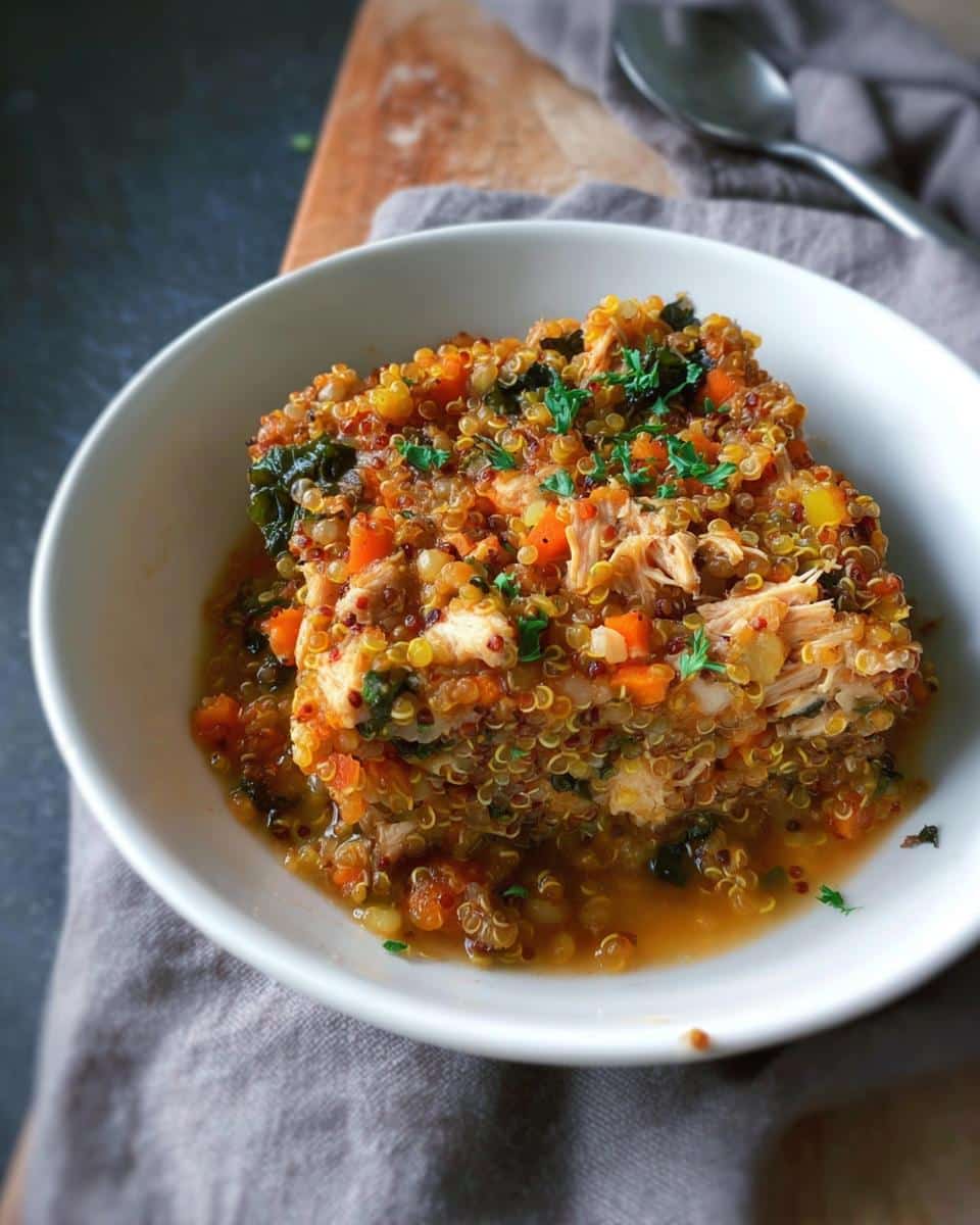 A serving of Chicken Quinoa Home Dog Supper featuring shredded chicken, colorful quinoa, and vegetables in a white bowl.