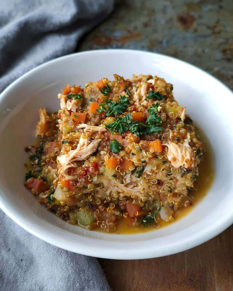 A serving of Chicken Quinoa Home Dog Supper featuring shredded chicken, colorful vegetables, and quinoa in a white bowl.