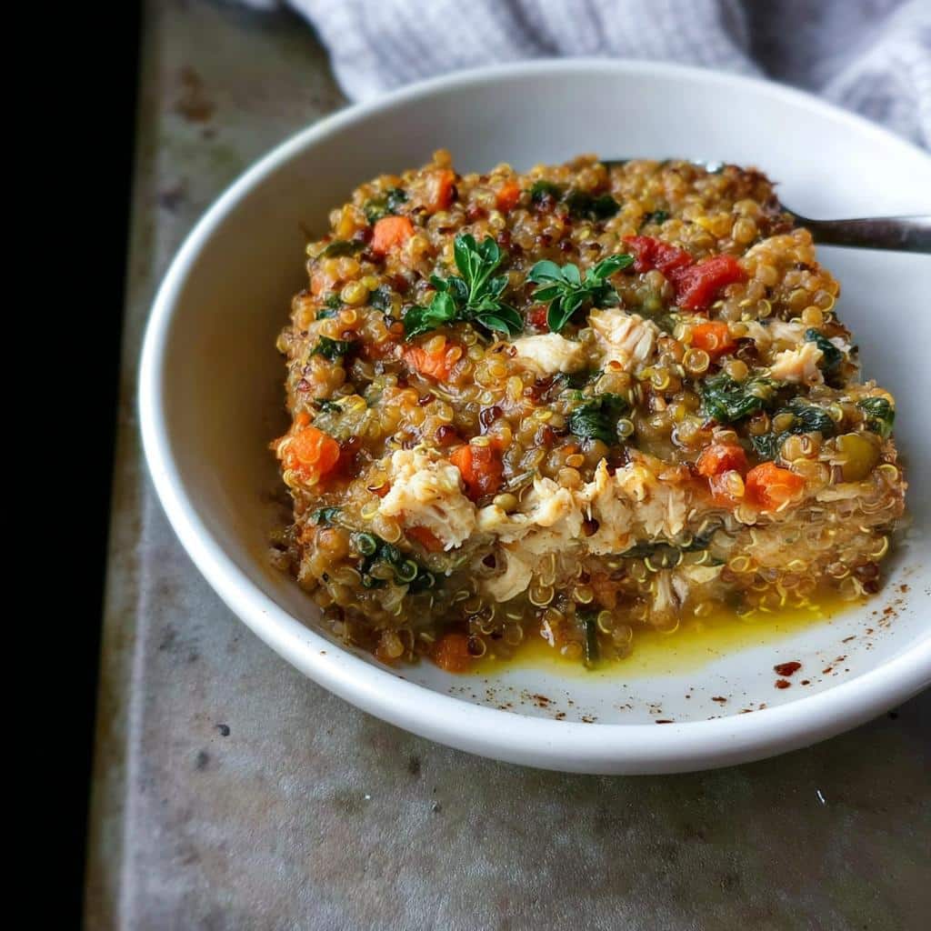 A portion of Chicken Quinoa Home Dog Supper, featuring shredded chicken, carrots, and greens mixed with quinoa, served in a white bowl.