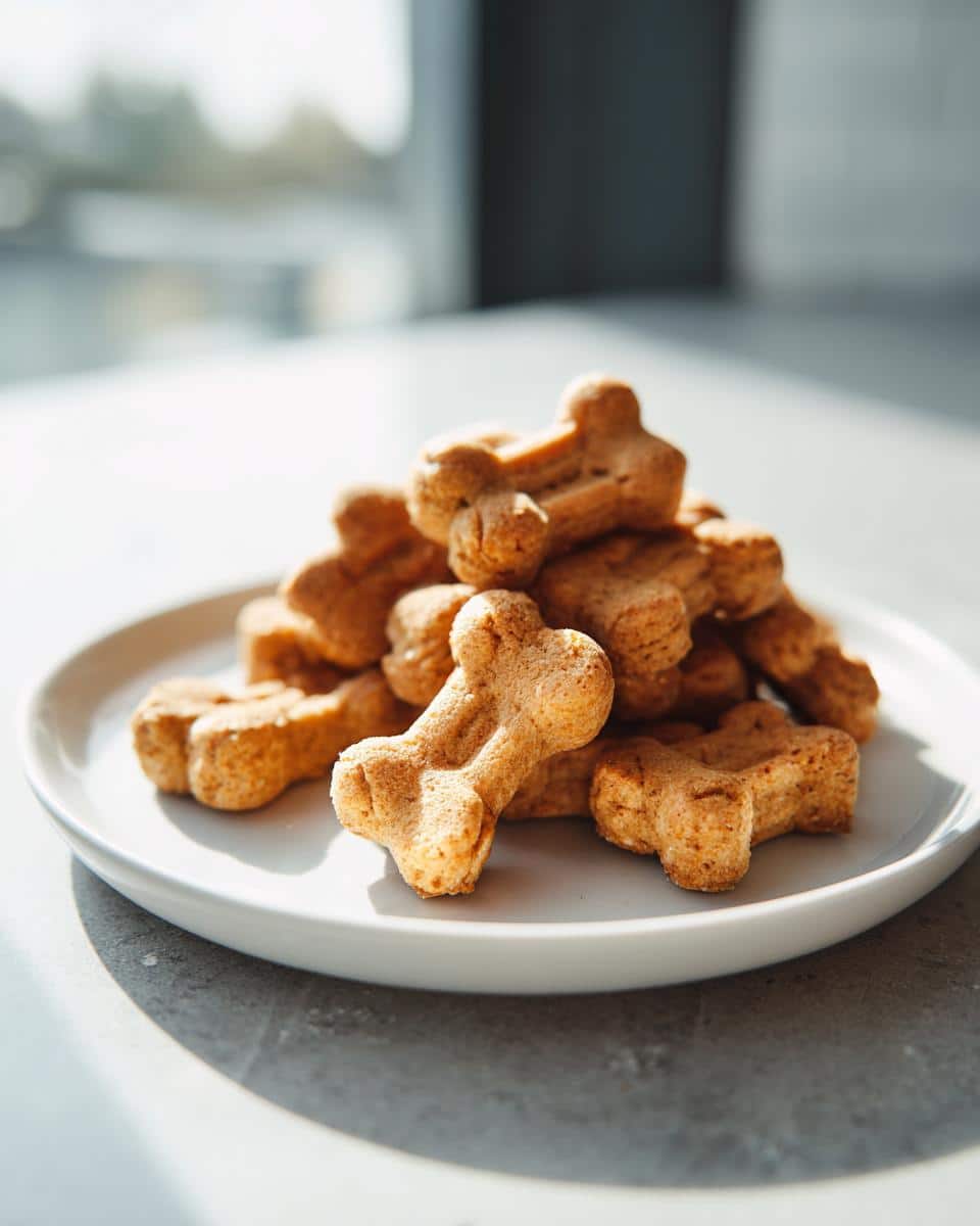 A pile of homemade, bone-shaped Chicken & Rice Crunch Bones treats stacked on a white plate.