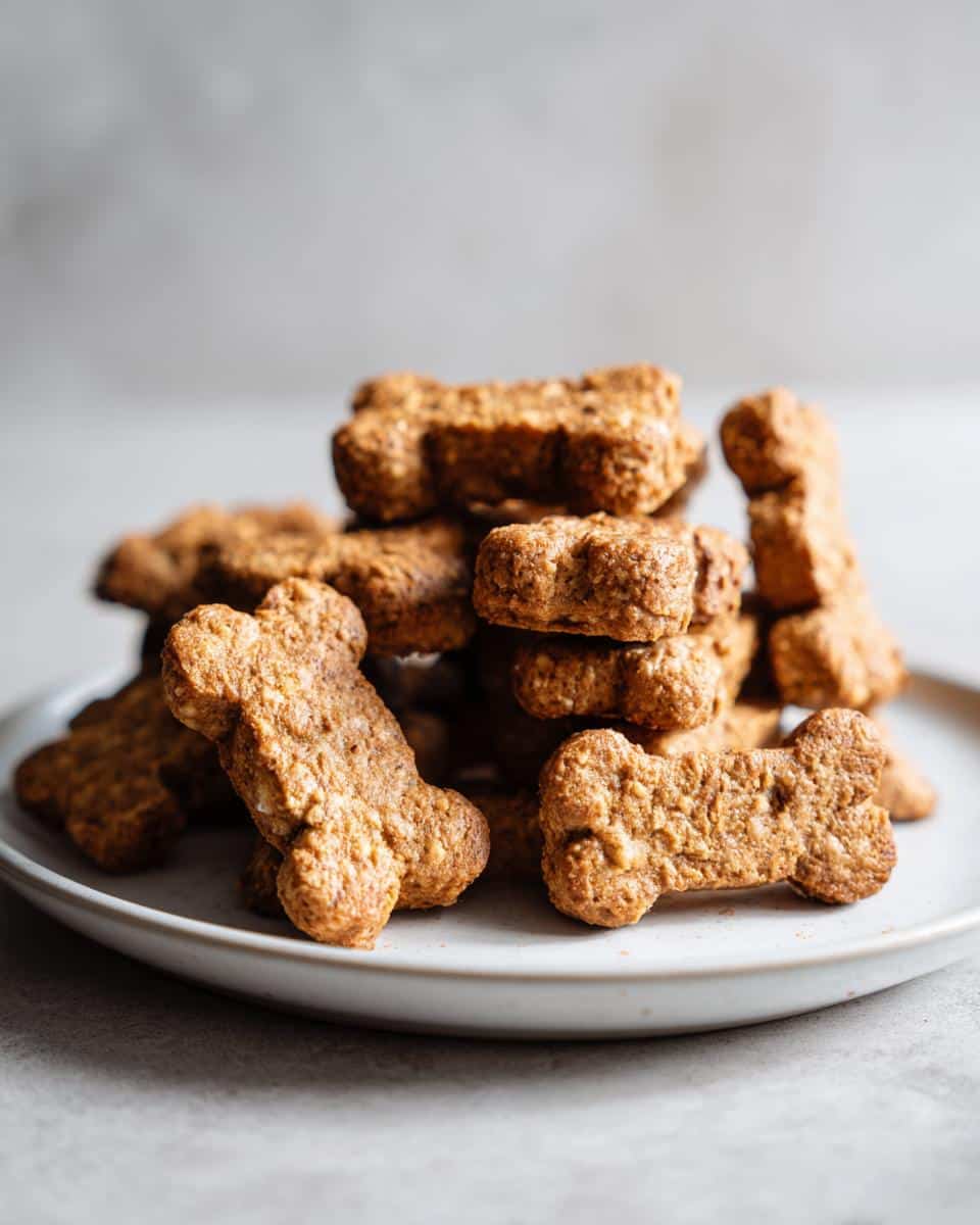 A stack of homemade Chicken & Rice Crunch Bones dog treats shaped like bones on a light ceramic plate.