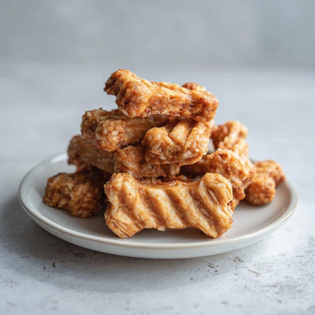 A stack of golden brown, bone-shaped Chicken & Rice Crunch Bones piled on a small white plate.