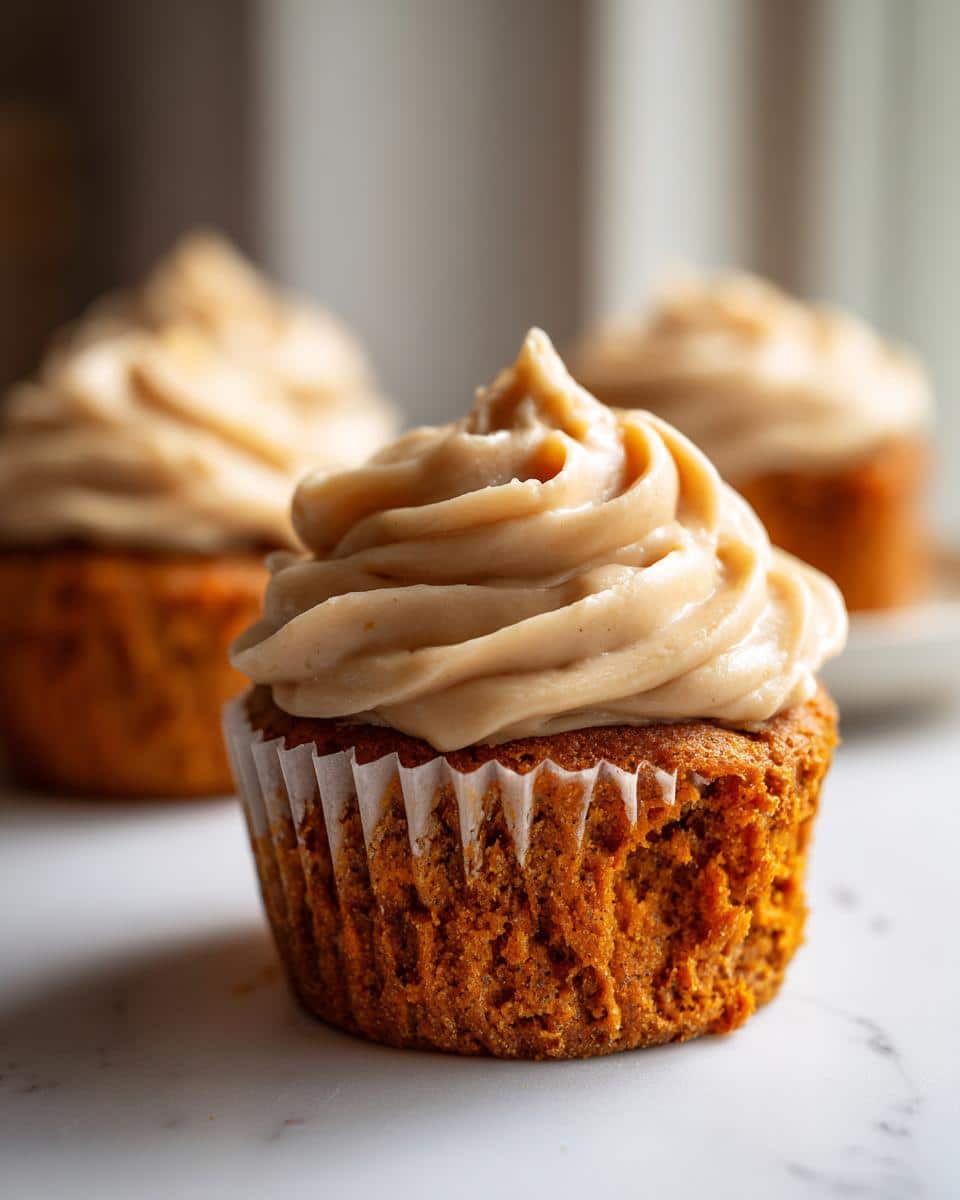 A close-up of a single, orange-colored Chicken & Sweet Potato Pupcake topped with a swirl of light brown frosting.