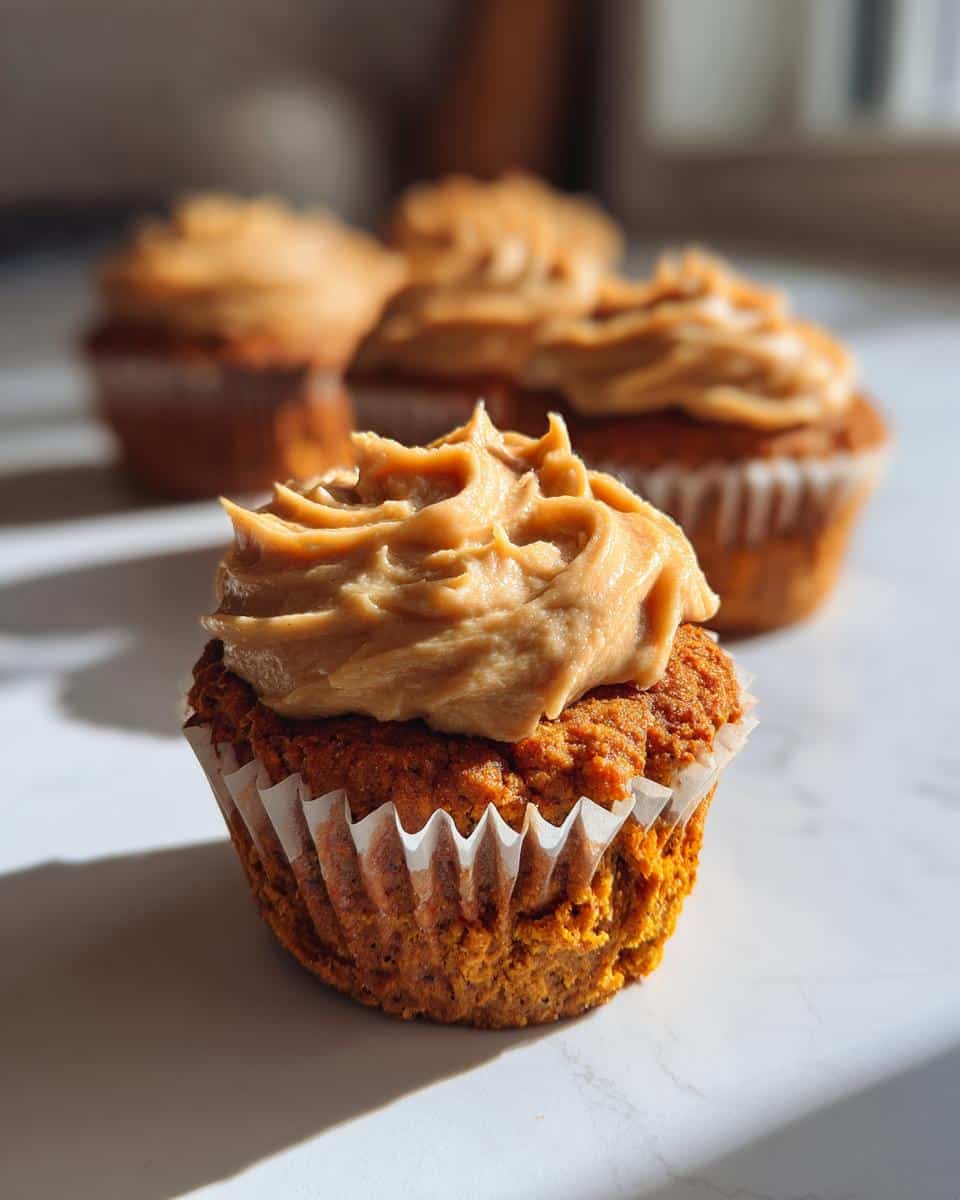 A close-up of one of the Chicken & Sweet Potato Pupcakes, topped with thick, creamy peanut butter-colored frosting.