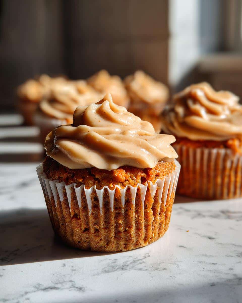 A close-up of one frosted Chicken & Sweet Potato Pupcake sitting on a marble surface with others blurred in the background.