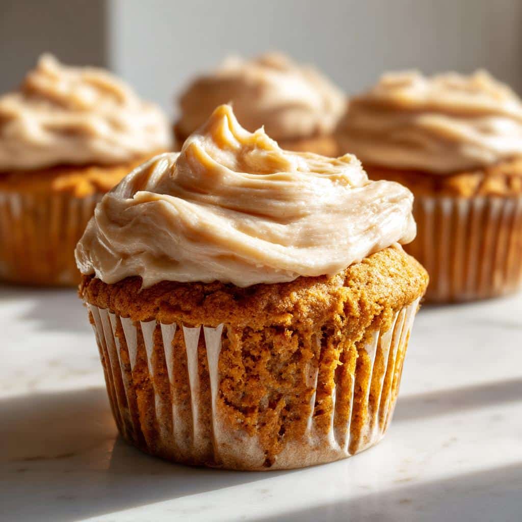 A close-up of one frosted Chicken & Sweet Potato Pupcakes sitting on a marble surface with others blurred in the background.