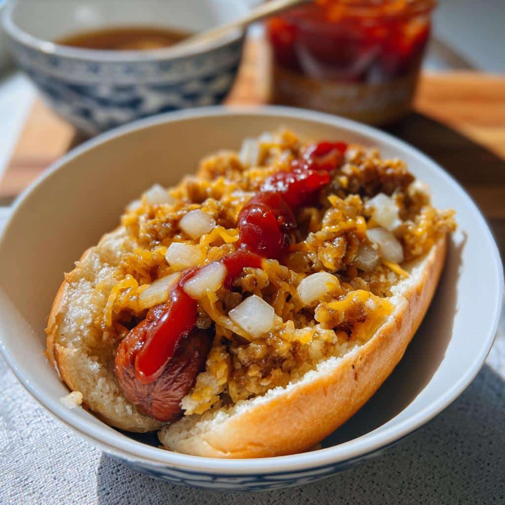 A chili dog topped with shredded cheese, diced onions, and ketchup served in a small bowl.