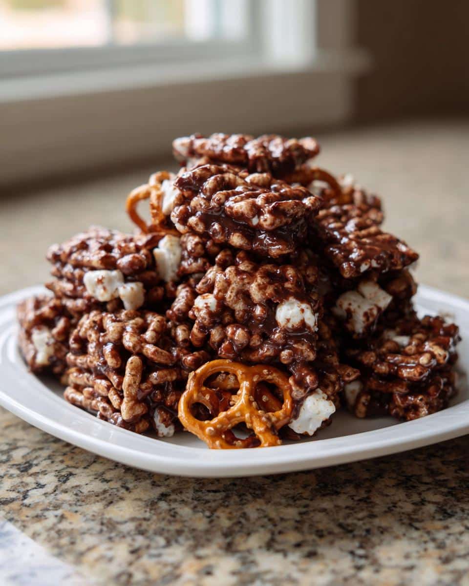A stack of rich, chocolate Candy Coated Crispix Mix bars mixed with marshmallows and pretzels on a white plate.