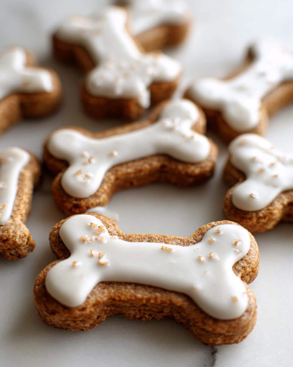 Close-up of several bone-shaped Christmas cookies for dogs, topped with white icing and sprinkles.