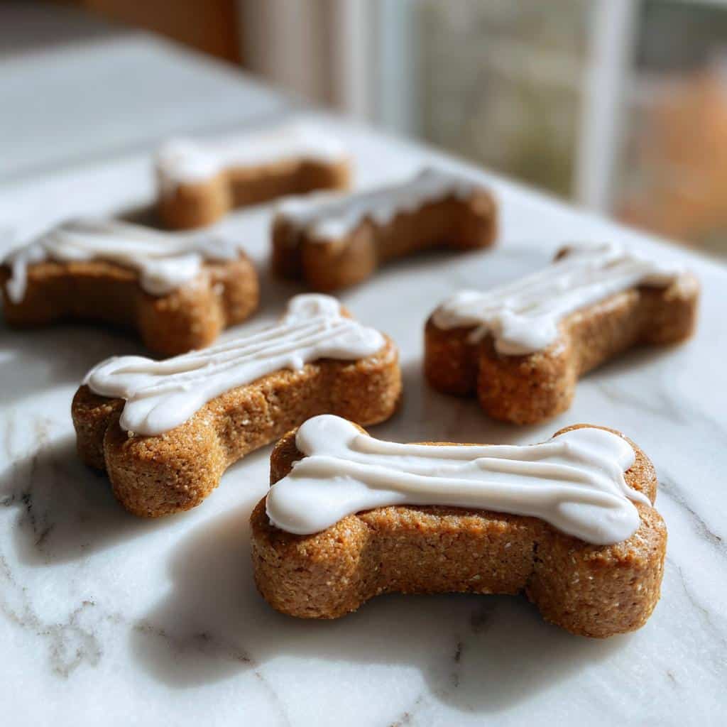Close-up of several bone-shaped Christmas Cookies for Dogs, topped with white icing, resting on a marble surface.