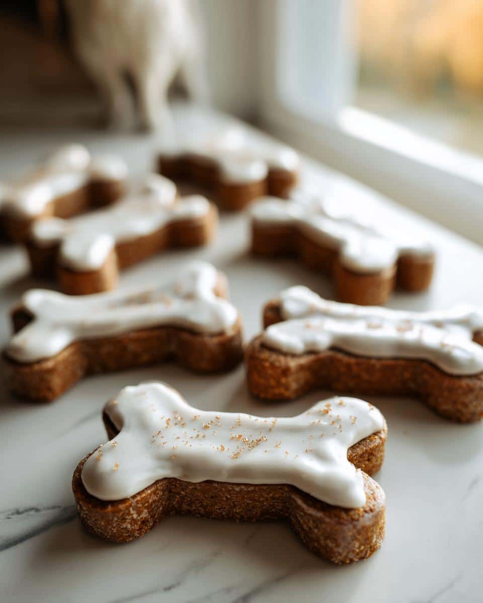 Close-up of several bone-shaped Christmas Cookies for Dogs, topped with white icing and gold sprinkles.