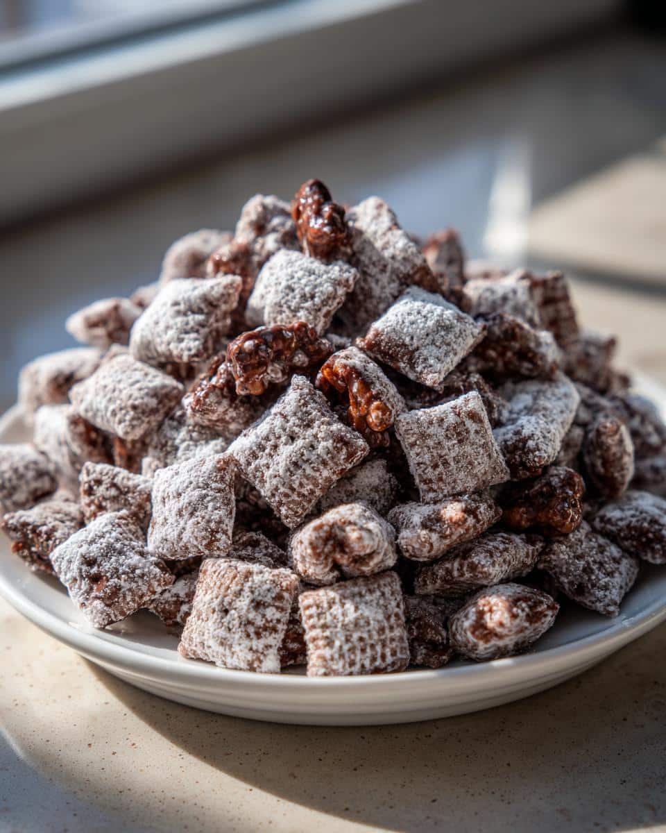 A generous pile of Classic Muddy Buddies coated heavily in white powdered sugar, served on a white plate.