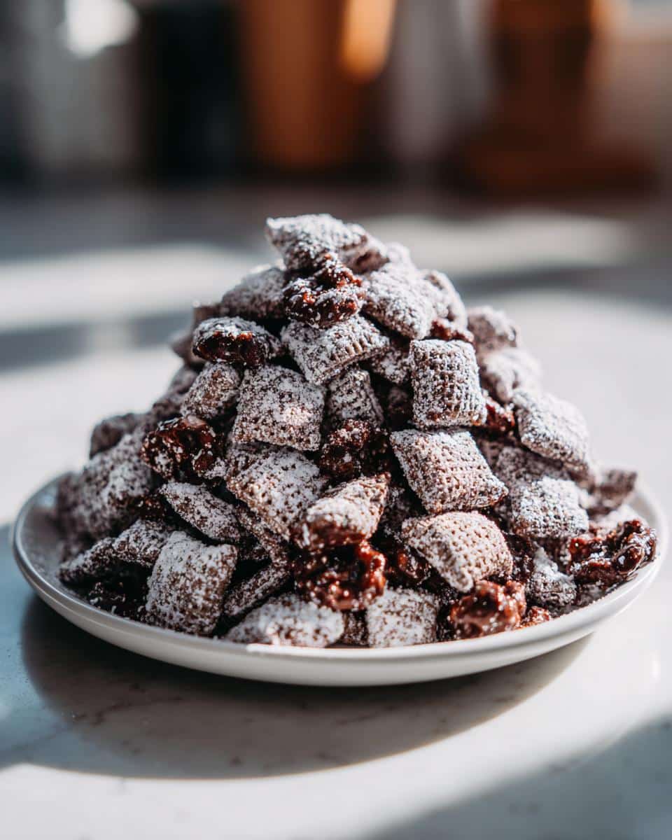 A mound of Classic Muddy Buddies coated heavily in powdered sugar piled high on a white plate.