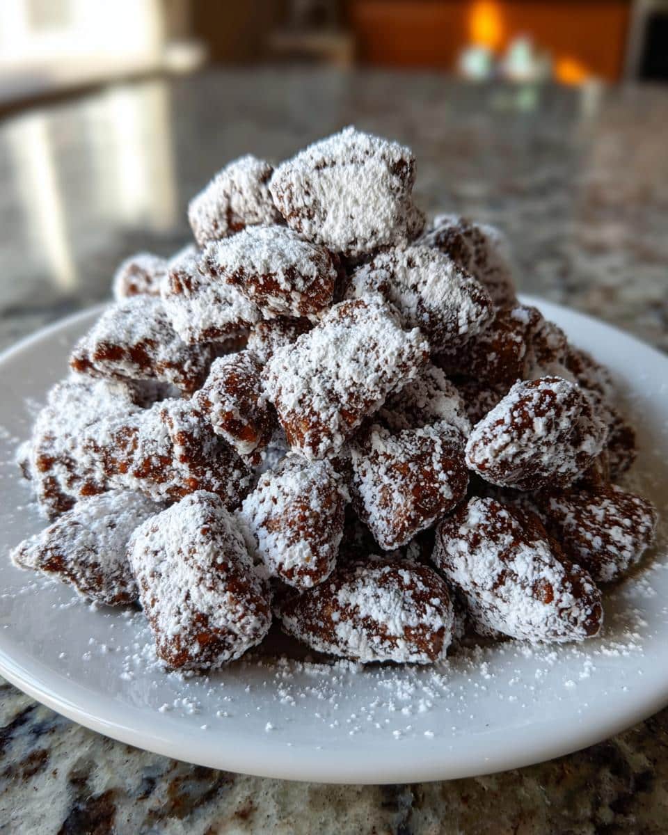 A mound of Classic Muddy Buddies generously coated in white powdered sugar, served on a white plate.