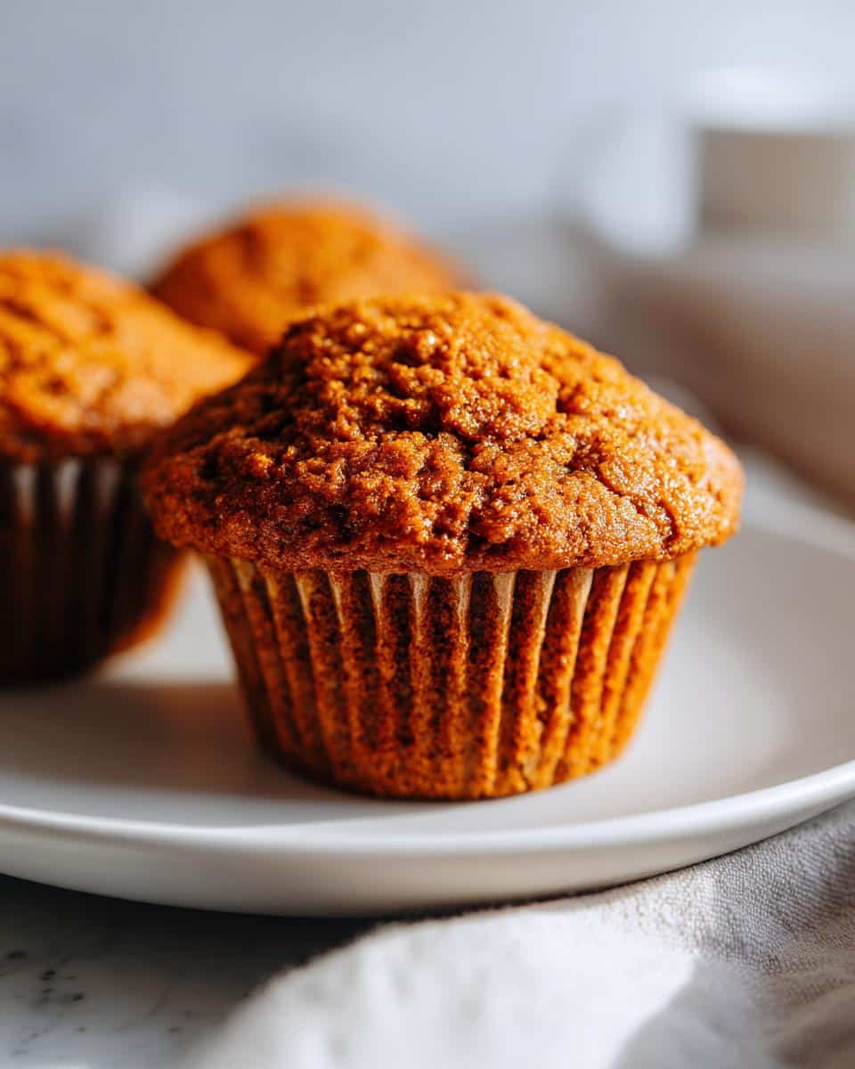 A close-up, appetizing photo of a single, perfectly domed pumpkin yums muffin sitting on a white plate.
