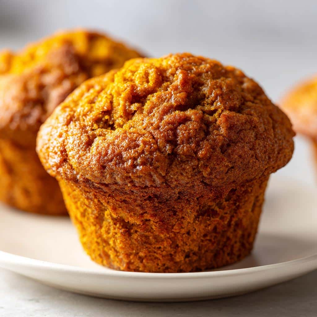 A close-up, appetizing shot of a single, perfectly baked pumpkin yums muffin sitting on a white plate.