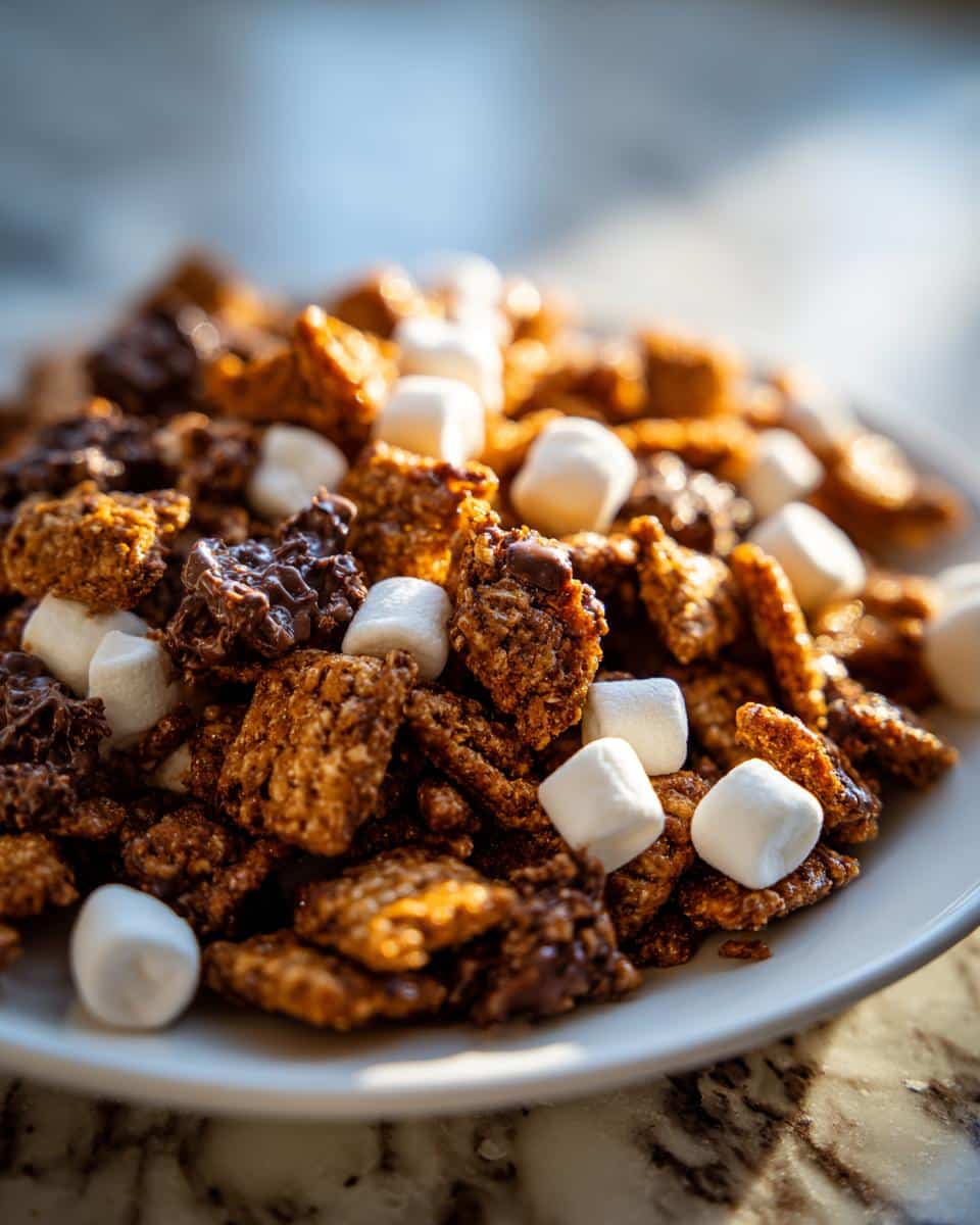 A close-up, sunlit shot of a white plate piled high with homemade S’mores chow mix featuring chocolate-coated cereal pieces and mini marshmallows.
