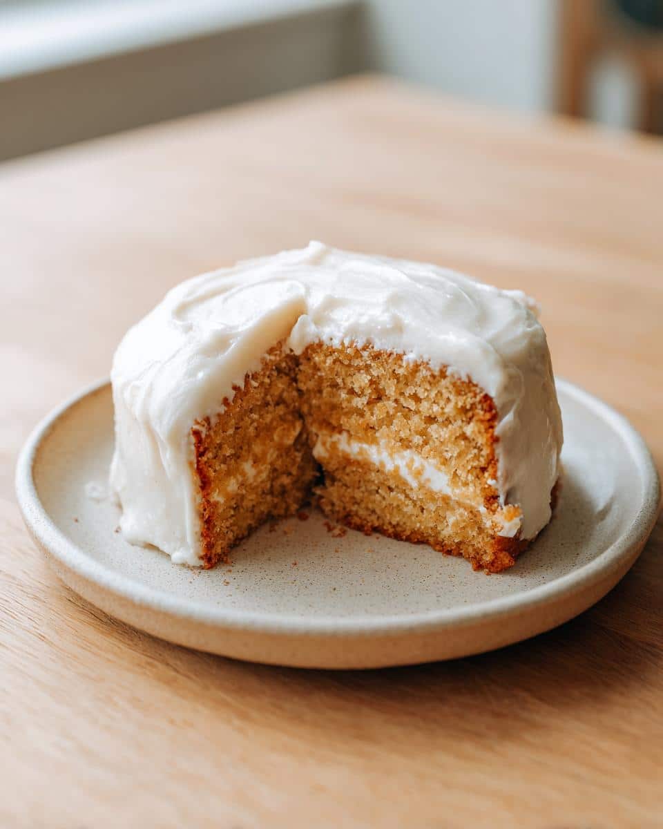 A small, round Coconut and Honey Dog Cake slice showing the moist interior and thick white frosting.