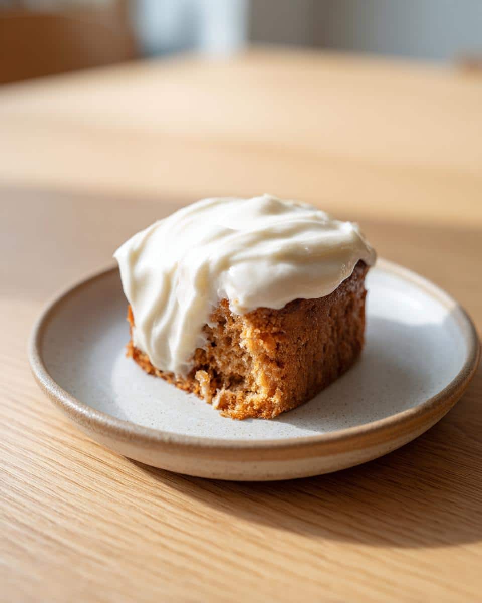 A square slice of Coconut and Honey Dog Cake topped with thick white frosting, sitting on a small plate.