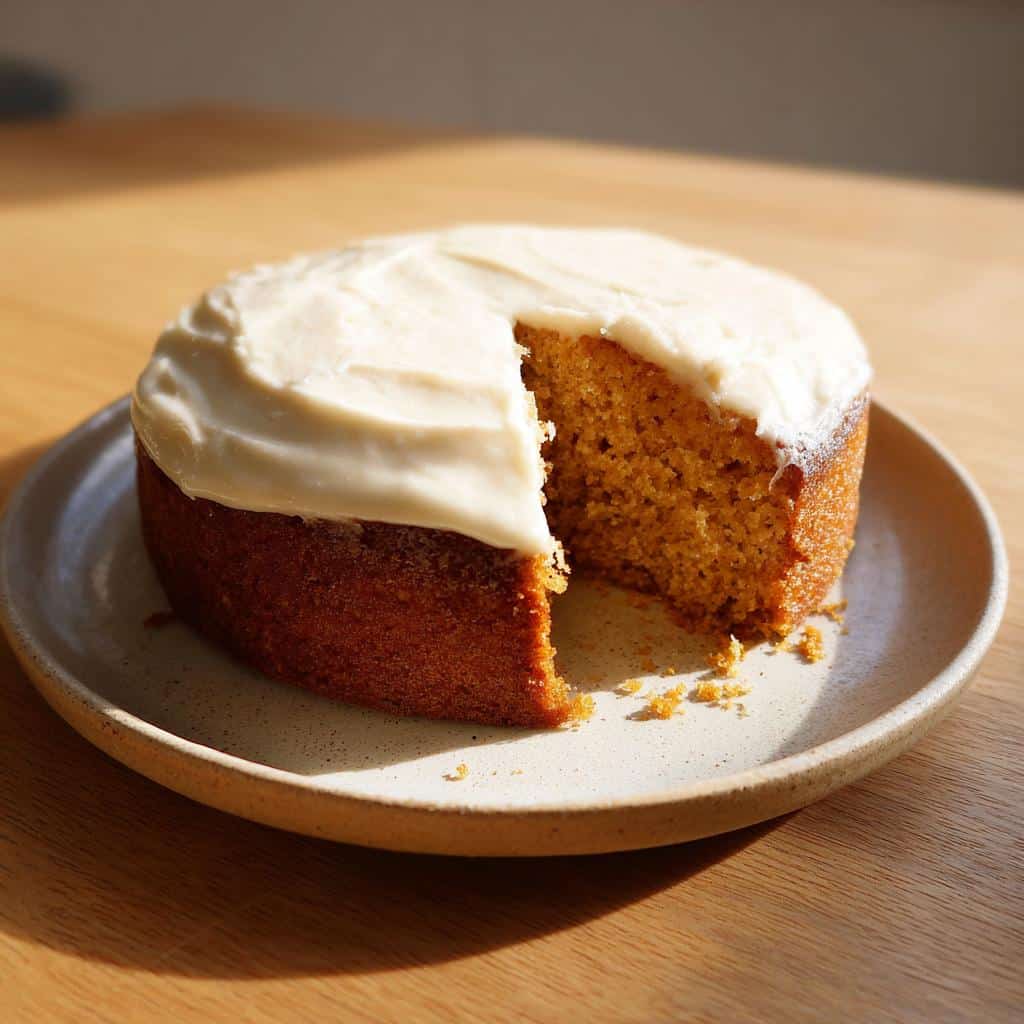 A small, round Coconut and Honey Dog Cake with a slice removed, topped with white frosting.