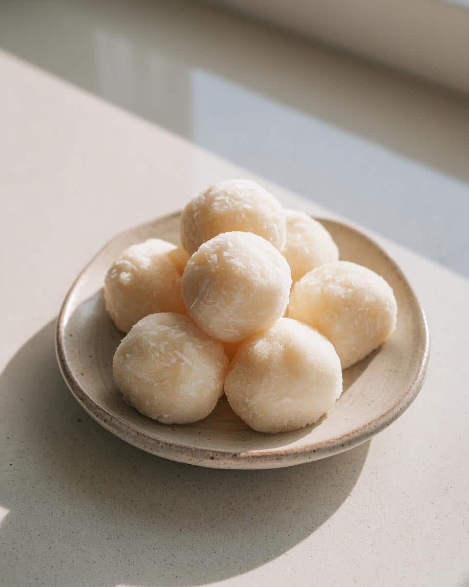 A small plate holding several white, round Coconut banana omega Gummies coated in shredded coconut.
