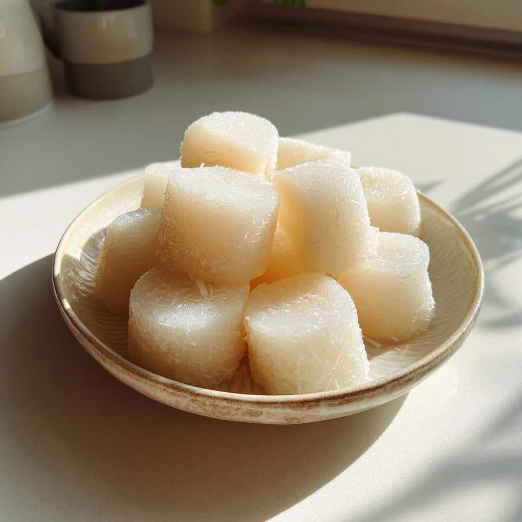 Close-up of white, slightly textured Coconut banana omega Gummies stacked on a small ceramic dish in bright sunlight.