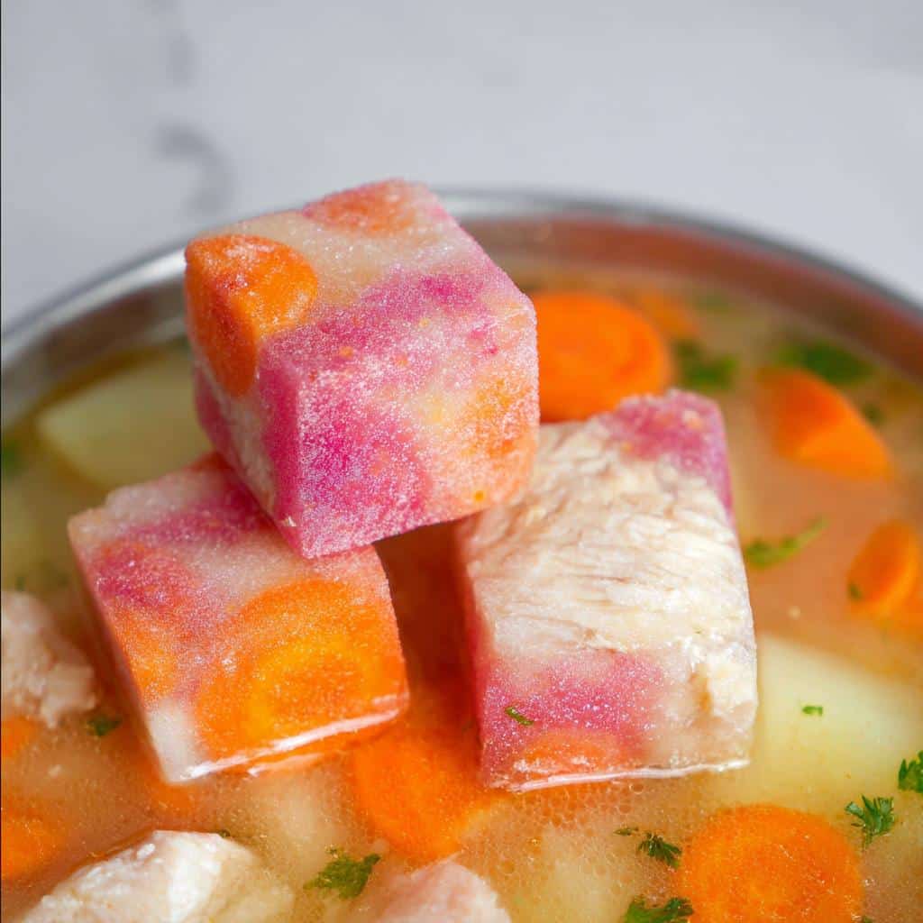 Three colorful, frozen cubes, likely Pupsicle Recipes For Dogs, resting in a bowl of broth with carrots and chicken pieces.