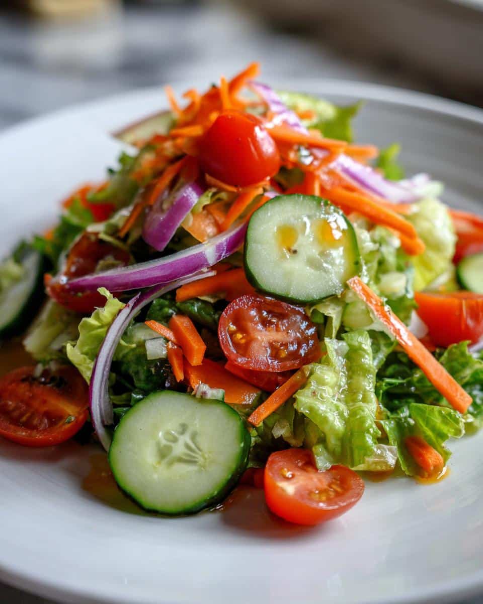 Close-up of a vibrant garden salad featuring lettuce, cucumber, cherry tomatoes, and red onion, mimicking Copycat of The Farmer’s.