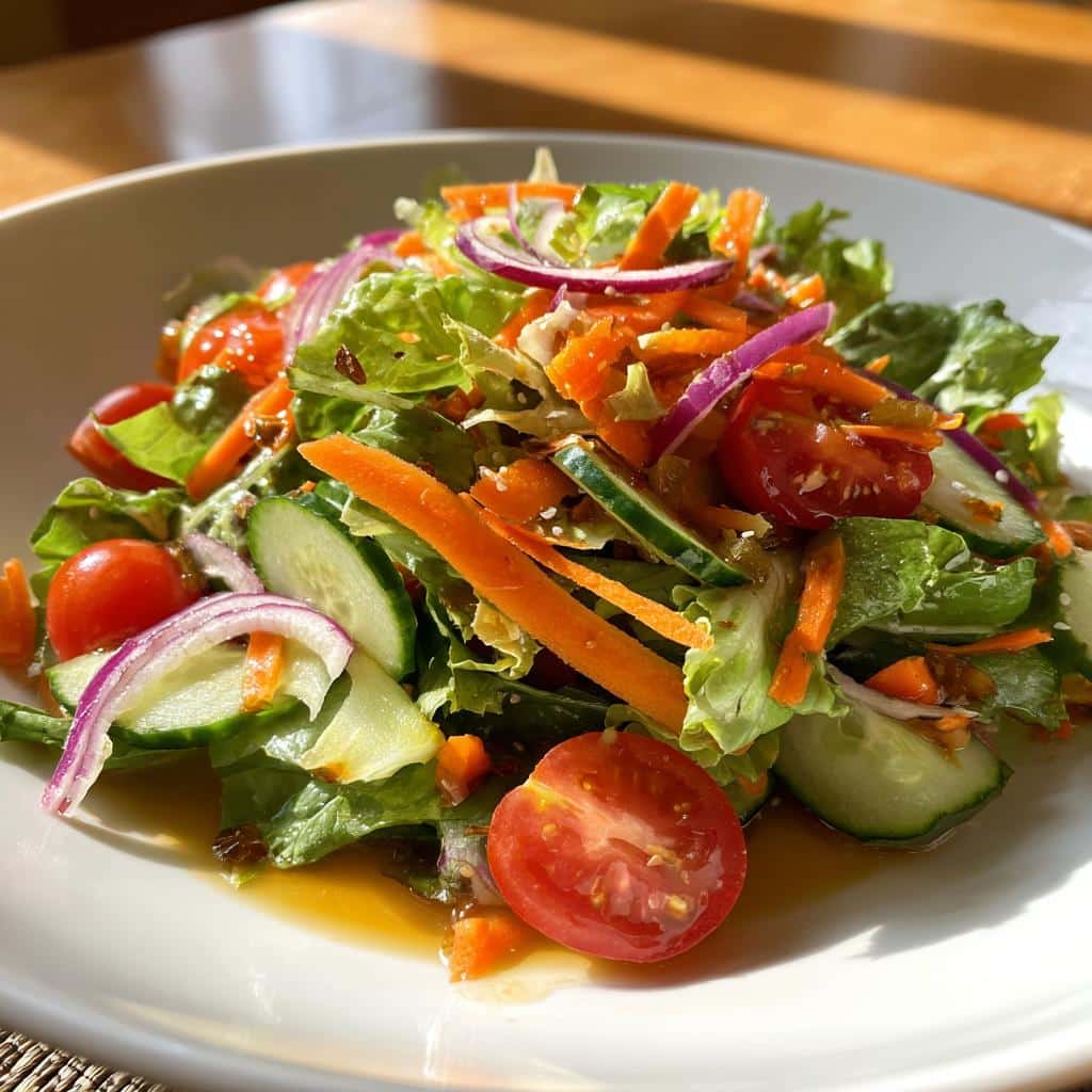 A vibrant salad featuring lettuce, cherry tomatoes, cucumber, shredded carrots, and red onion, dressed in a savory vinaigrette, Copycat of The Farmer’s.