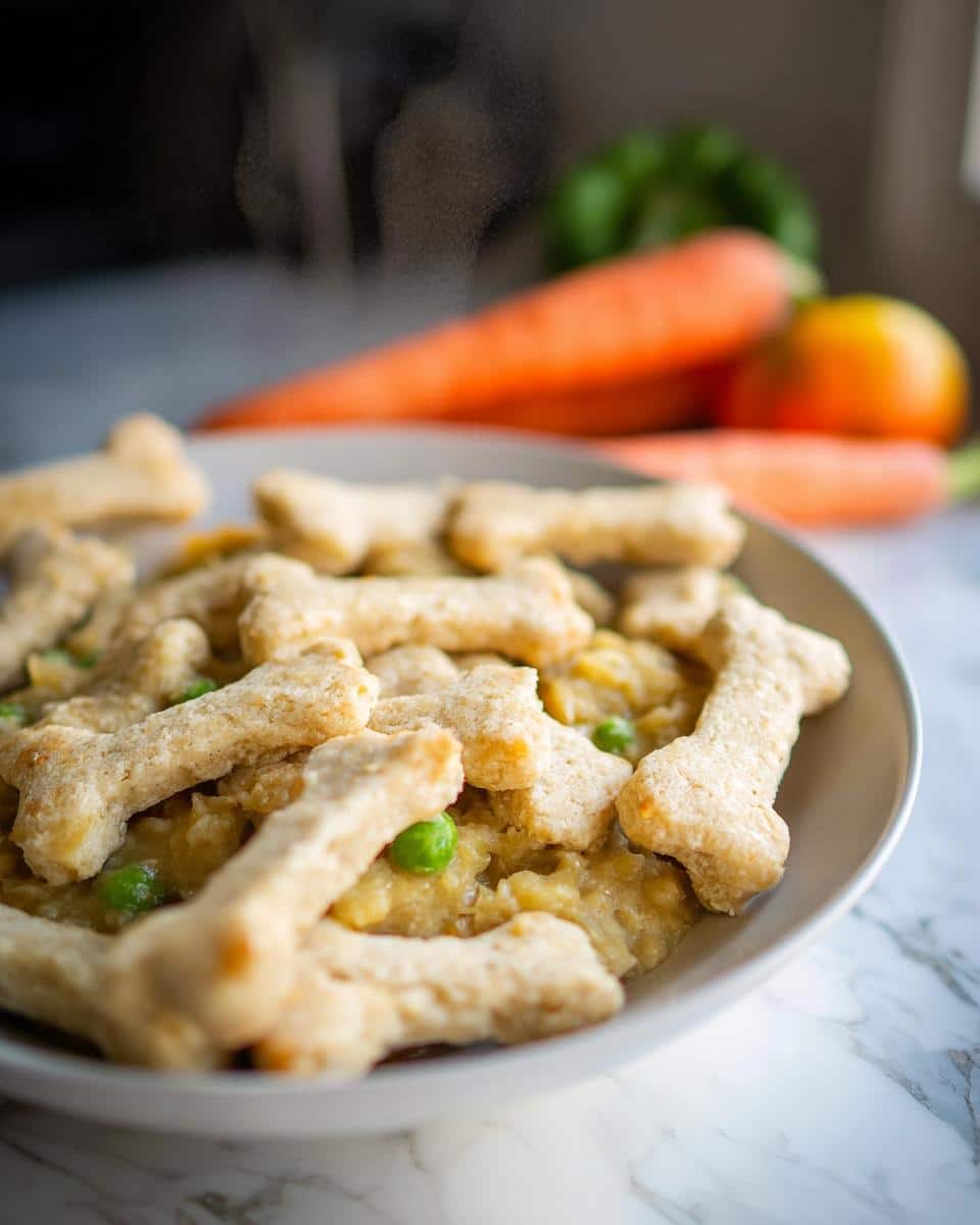 Steaming Cottage Cheese Rice Soft Meal topped with bone-shaped biscuits, featuring peas and carrots in the background.