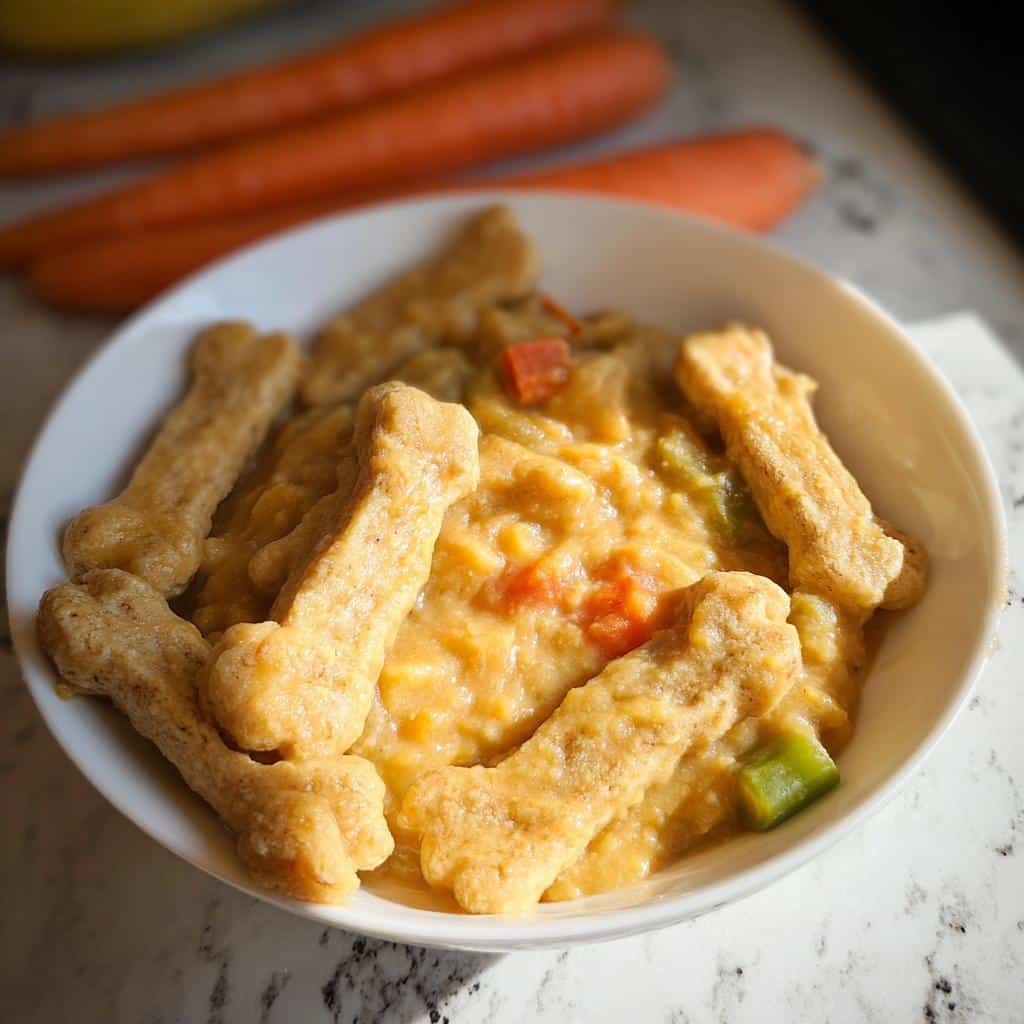 A bowl of creamy Cottage Cheese Rice Soft Meal topped with bone-shaped biscuits, with carrots in the background.