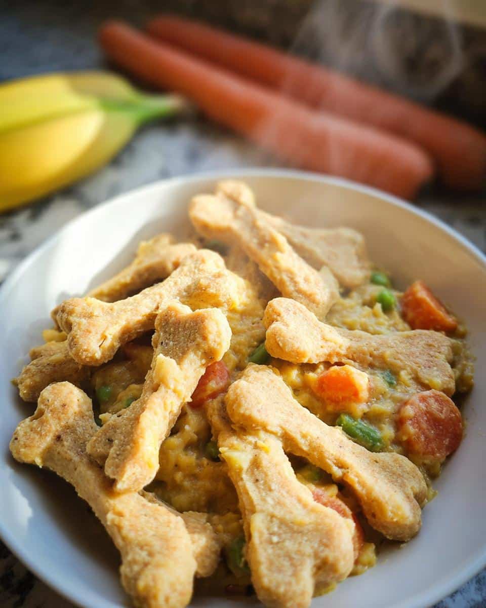 A bowl of Cottage Cheese Rice Soft Meal mixed with vegetables, topped generously with bone-shaped dog treats.