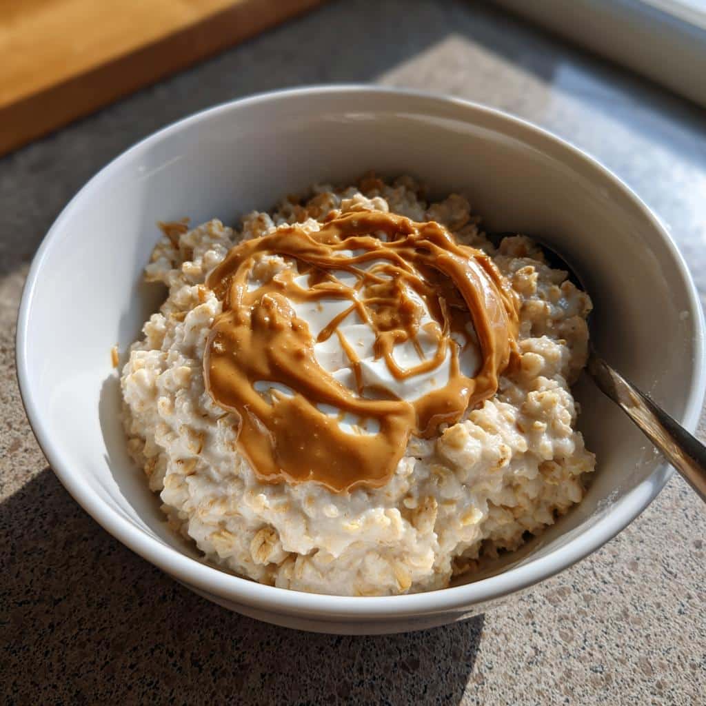 A close-up of creamy peanut butter oatmeal topped with yogurt and drizzled peanut butter.
