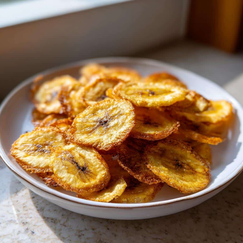 A close-up of golden, crispy banana chips for dogs piled high in a white bowl near a sunny window.
