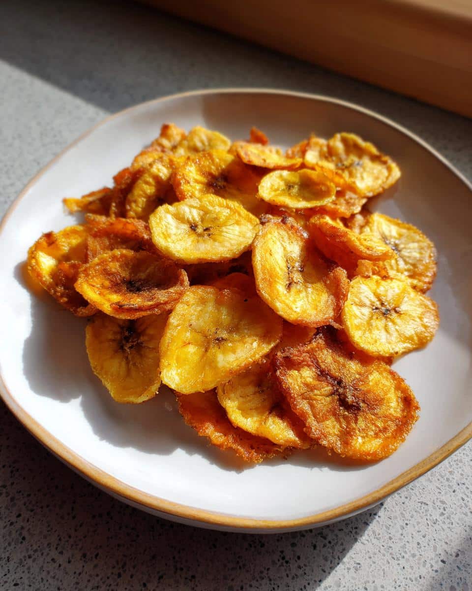 A pile of golden, crispy banana chips for dogs served on a light-colored ceramic plate.