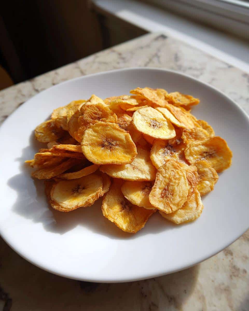 A white plate piled high with golden, crispy banana chips for dogs, sitting on a marble countertop near a window.