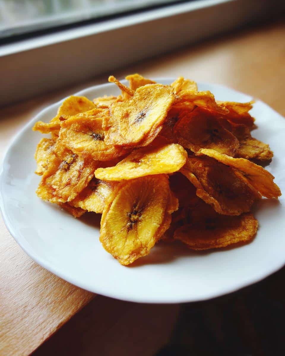 A white plate piled high with golden, thinly sliced Crispy Banana Chips for Dogs, sitting on a wooden surface near a window.